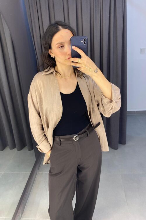 Kemerli Straight Kumaş Pantolon-Acı Kahve
