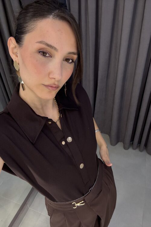 Omuz Vatkalı Bodysuit-Kahve